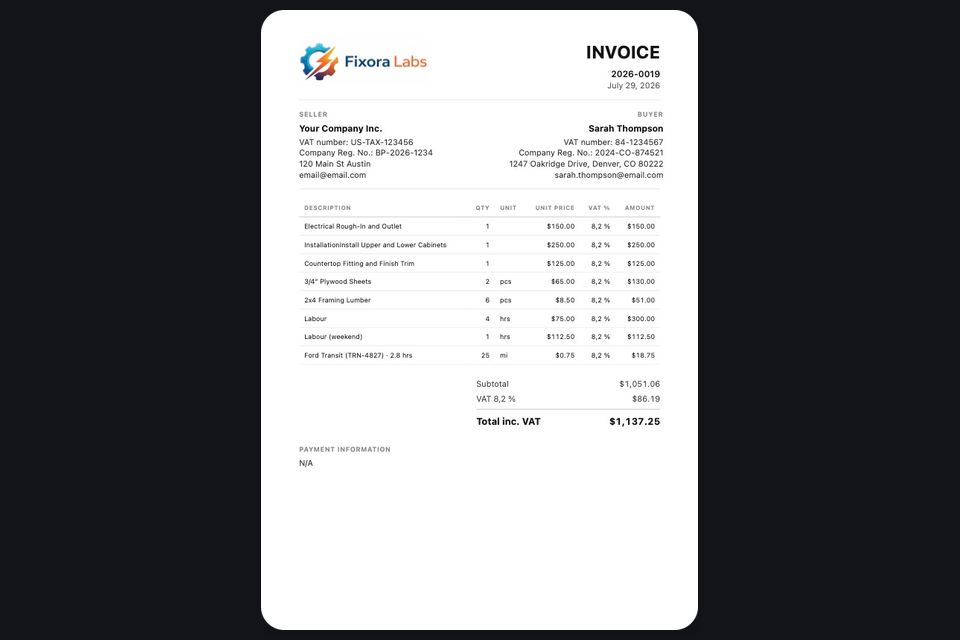 Sample Zervaz invoice with company branding, line items, VAT, and totals.