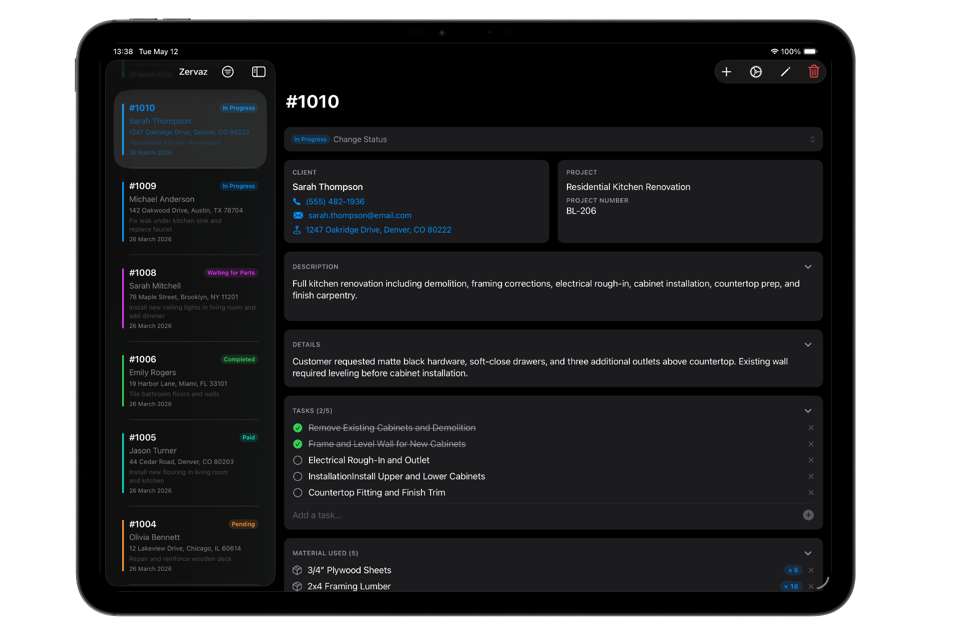 Zervaz on iPad and Android tablet, displaying a job ticket with photos and material lines.