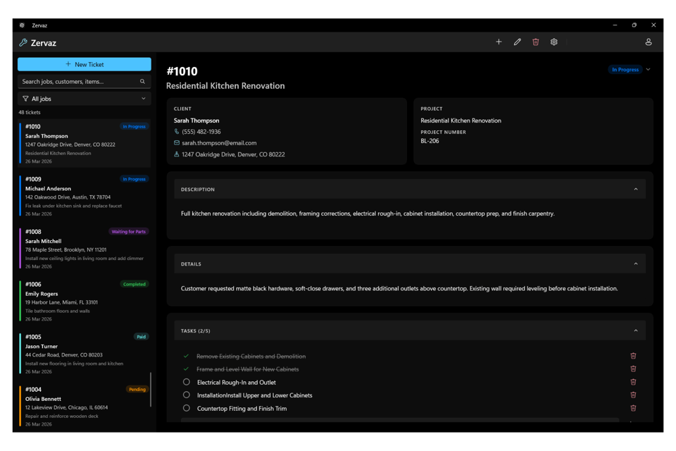 Zervaz running on a Windows PC, showing a work order with customer, tasks, and a detailed material list.