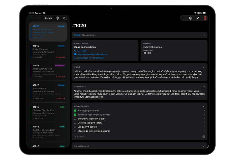 Zervaz á iPad og Android spjaldtölvu sem sýnir verkbeiðni með myndum og efnislínum.